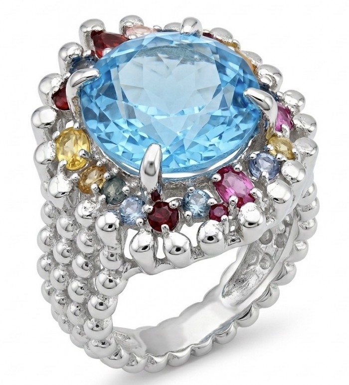Ocean Blue Natural 22.8 carat Swiss Blue Topaz .925 Sterling Silver dipped in rhodium handmade Large Statement Ring size 8
