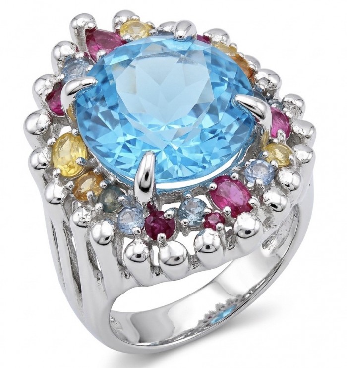 Ocean Blue Natural 22.8 carat Swiss Blue Topaz .925 Sterling Silver dipped in rhodium handmade Large Statement Ring size 8