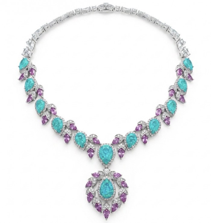 Wonderland 95.8 carat Paraiba Tourmaline rhodium over .925 Sterling Silver Handcrafted Statement necklace