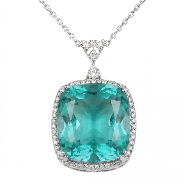 Brazilian's Briliance - emerald cut 31.7 carat Paraiba Tourmaline .925 Sterling Silver handcrafted necklace