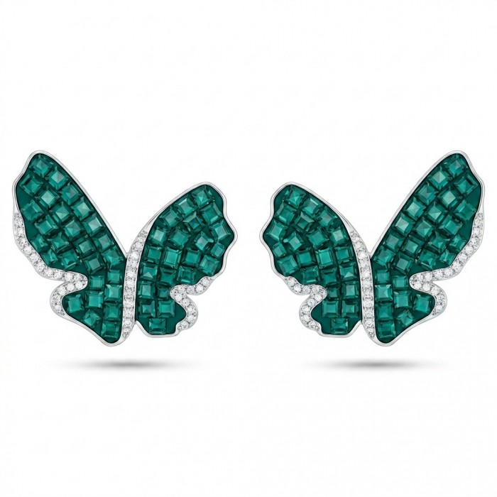 Incredible Butterflies genuine mystery setting 15.5 CARAT Emerald .925 Sterling Silver handcrafted Earrings