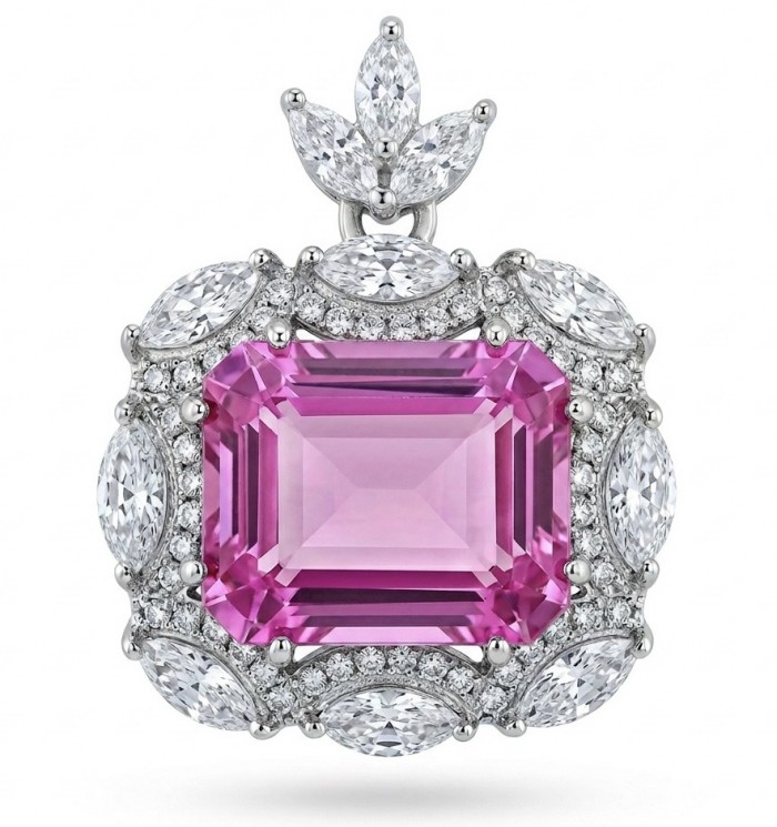Vintage style boquette cut 12.8 carat Pink Sapphire .925 Sterling Silver DIPPED IN RHODIUM handmade Pendant