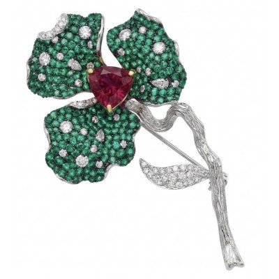 Black Label Collection - Retro Style - Rose Genuine 6.5 carat Ruby 5.2 pave Emerald .925 Sterling Silver dipped in rhodium handmade Pendant - Brooch