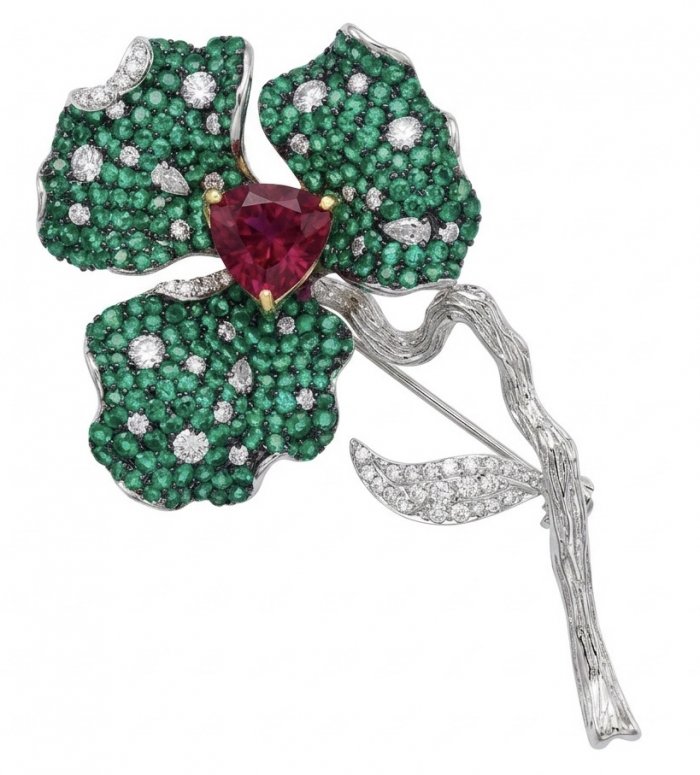 Black Label Collection - Retro Style - Rose Genuine 6.5 carat Ruby 5.2 pave Emerald .925 Sterling Silver dipped in rhodium handmade Pendant - Brooch - video