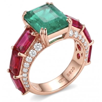 Giovanna 6.7 carat Ruby Emerald .925 Sterling Silver dipped 22K Rose Gold handmade Statement Ring size 6