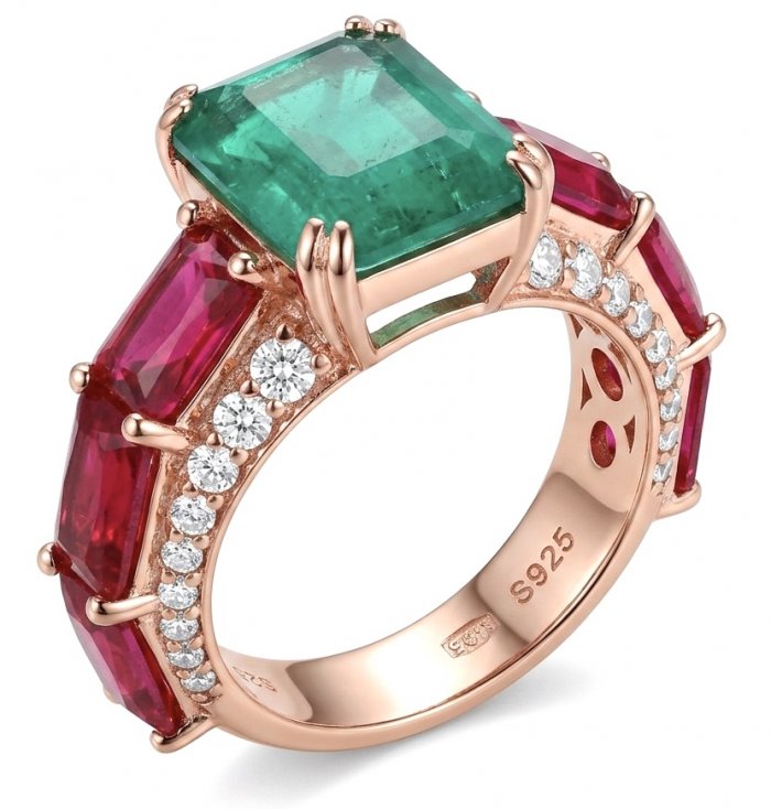 Giovanna 6.7 carat Ruby Emerald .925 Sterling Silver dipped 22K Rose Gold handmade Statement Ring size 6 - video
