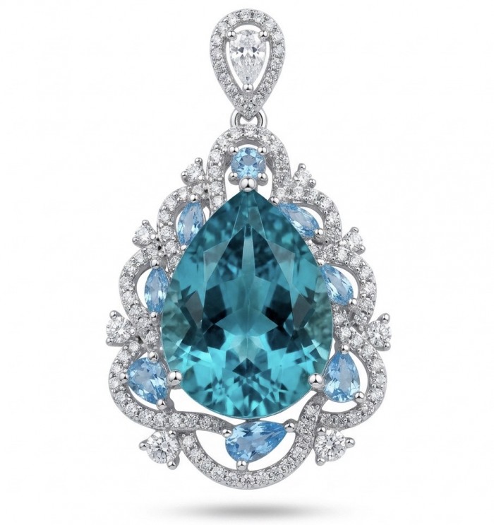 Atlantica - amazing quality pearl cut 14.5 CARAT genuine Swiss Blue Topaz rhodium over .925 Sterling Silver handmade pendant