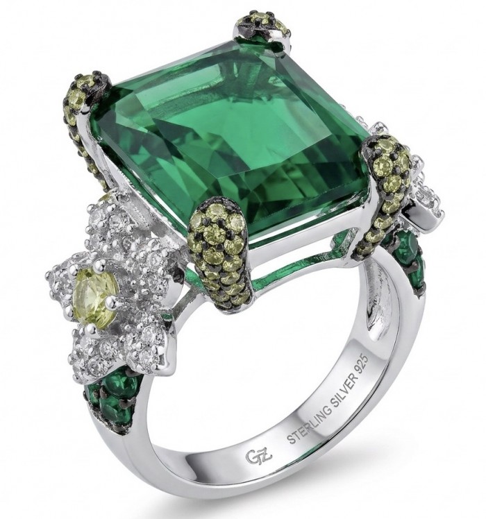 Jolie - Luxurious baguette cut 22.7 carat Emerald rhodium over .925 Sterling Silver handcrafted Ring s. 7