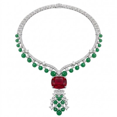 Francesca - Luxurious natural 159.8 carat Ruby Emerald .925 Sterling Silver handmade Statement necklace