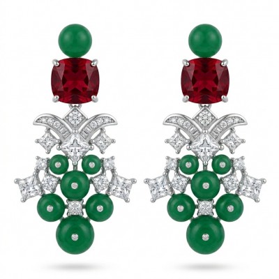 Francesca - Luxurious natural 39.8 carat Ruby Emerald rhodium over .925 Sterling Silver handmade Statement earrings