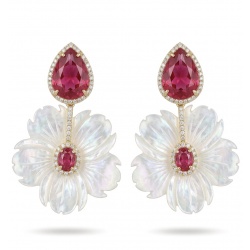 Summer Flowers Blister Pearl Red Topaz 14K Gold over .925 Sterling Silver handcrafted Earrings