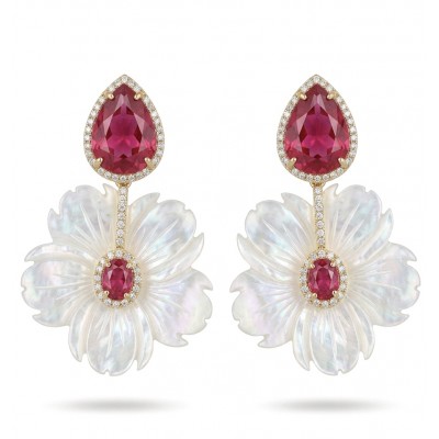 Summer Flowers Blister Pearl Red Topaz 14K Gold over .925 Sterling Silver handcrafted Earrings