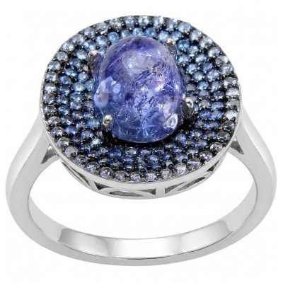 Luxurious 3.7 carat Tanzanite pave 0.8 carat Sapphire .925 Sterling Silver handcrafted Ring size 8
