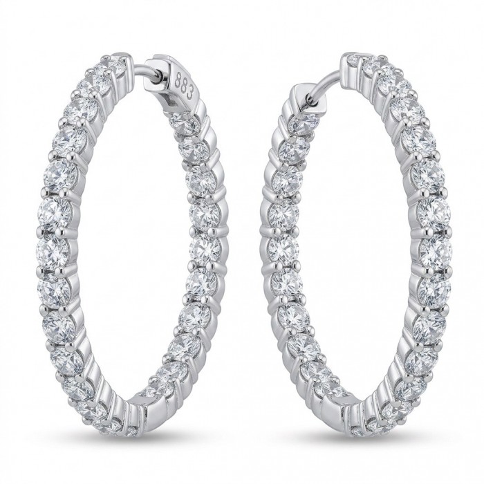 INSIDE - OUT Huge 1 5/8 inches long White Topazrhodium over .925 Sterling Silver handmade Hoop Earrings
