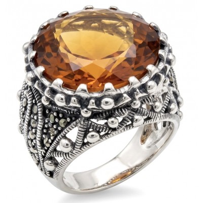 Serenity Natural 38.4 carat GOLDEN Topaz Marcasite .925 Sterling Silver handmade Large Statement Ring size 7