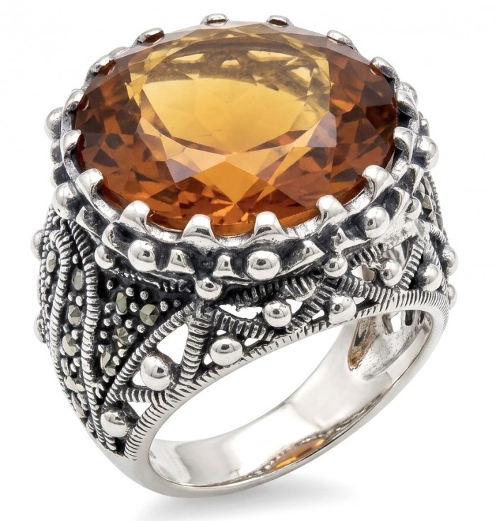 Serenity Natural 38.4 carat GOLDEN Topaz Marcasite .925 Sterling Silver handmade Large Statement Ring size 7