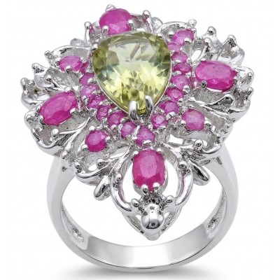 Giovanna - Authentic 17.9 carat Green Amethyst Ruby .925 Sterling Silver dipped in rhodium handcrafted Statement Ring size 7