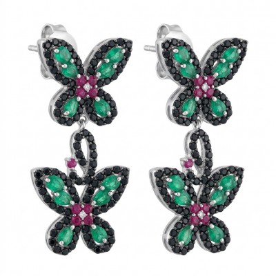 RARE BEAUTY! Valentina 27.2 carat CARVED Emerald Sapphire .925 Sterling Silver dipped in rhodium Statement handcrafted earrings