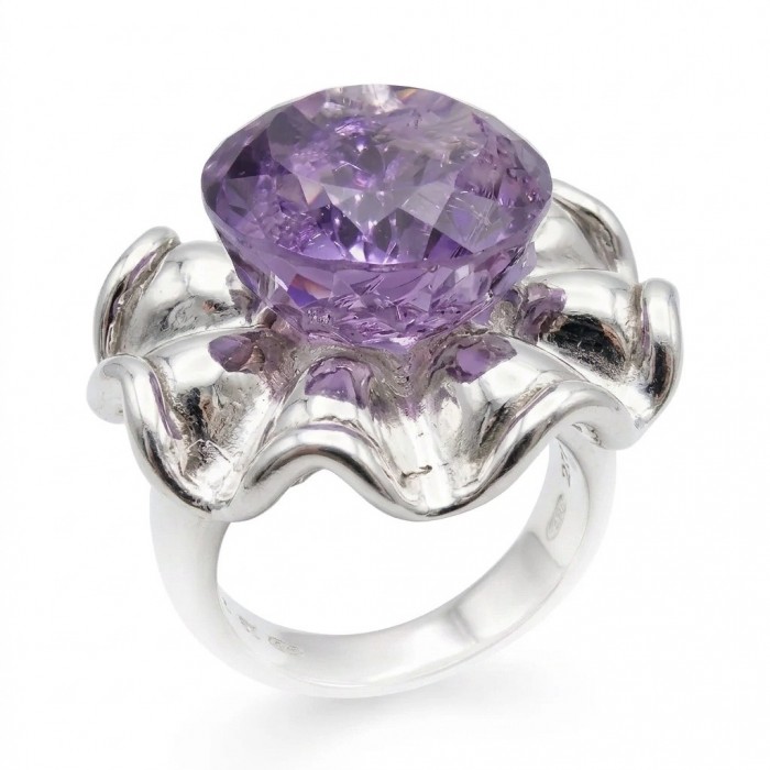 Flower 12.5 carat Amethyst .925 Sterling Silver Handcrafted Ring size 6
