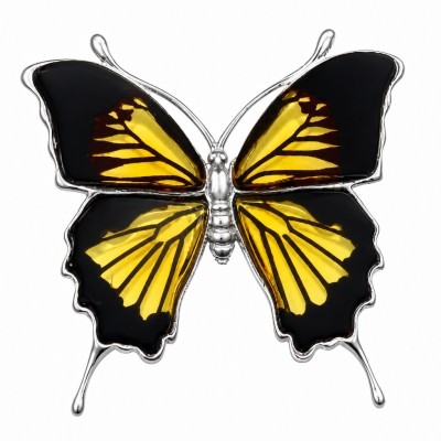 Large Golden Butterfly carved Baltic Polish Amber .925 Sterling Silver handcrafted Pendant