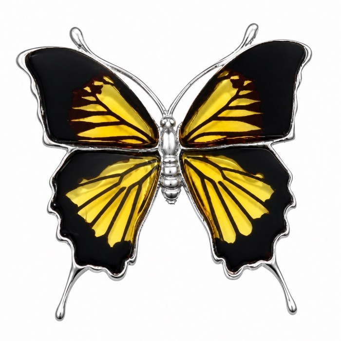 Large Golden Butterfly carved Baltic Polish Amber .925 Sterling Silver handcrafted Pendant