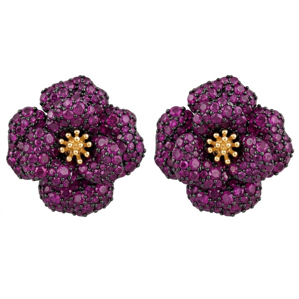 Natural Red Ruby Flower Earrings 18.8ct 22K Gold Over 925 Sterling Silver