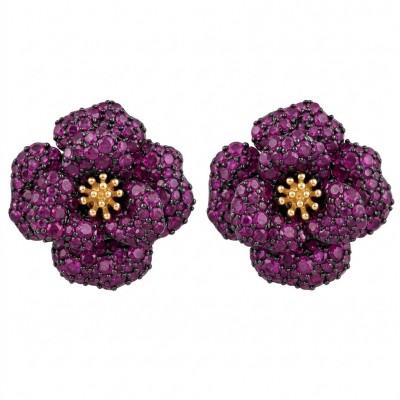 Exotic Flowers - 18.8 carat Mozambique Ruby .925 Sterling Silver dipped in rhodium 22K Gold handmade Statement Earrings