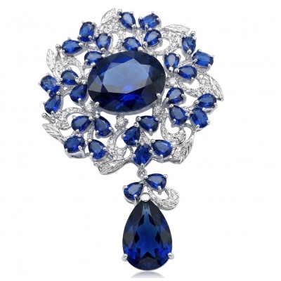 An exuberantly Large 135.8 carats Vintage style Sapphire .925 Sterling Silver DIPPED IN RHODIUM handmade LARGE Pendant - Brooch