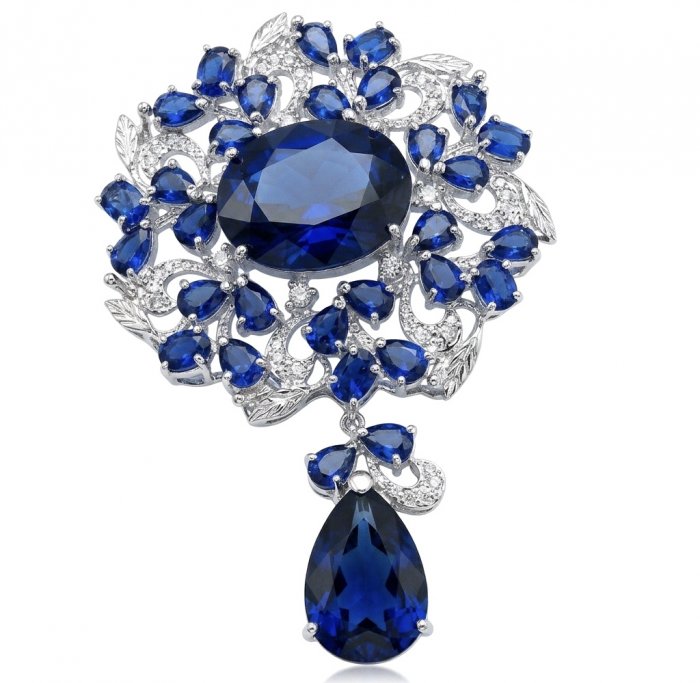 An exuberantly Large 135.8 carats Vintage style Sapphire .925 Sterling Silver DIPPED IN RHODIUM handmade LARGE Pendant - Brooch - video