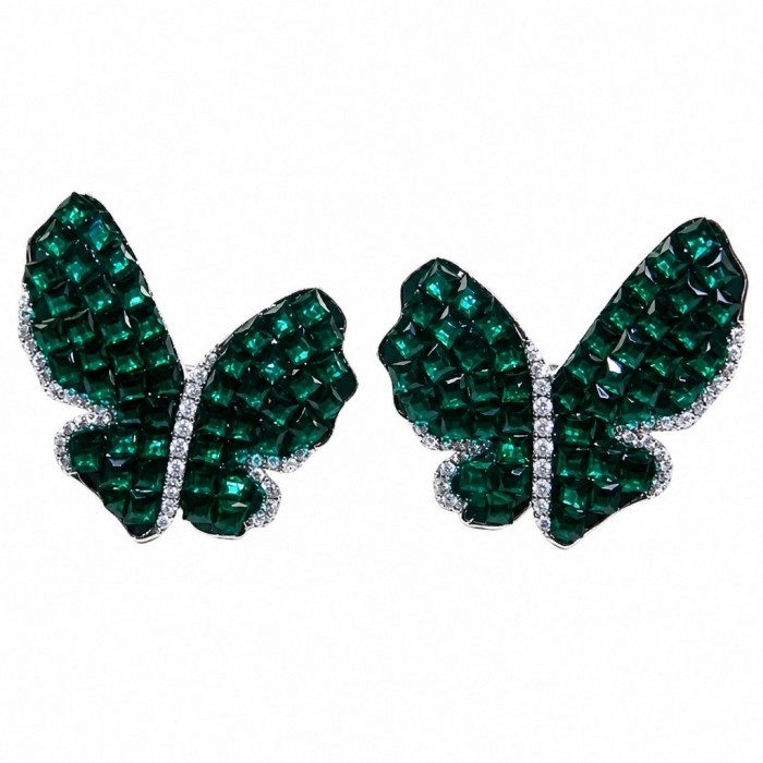 Incredible Butterflies genuine mystery setting 15.5 CARAT Emerald .925 Sterling Silver handcrafted Earrings