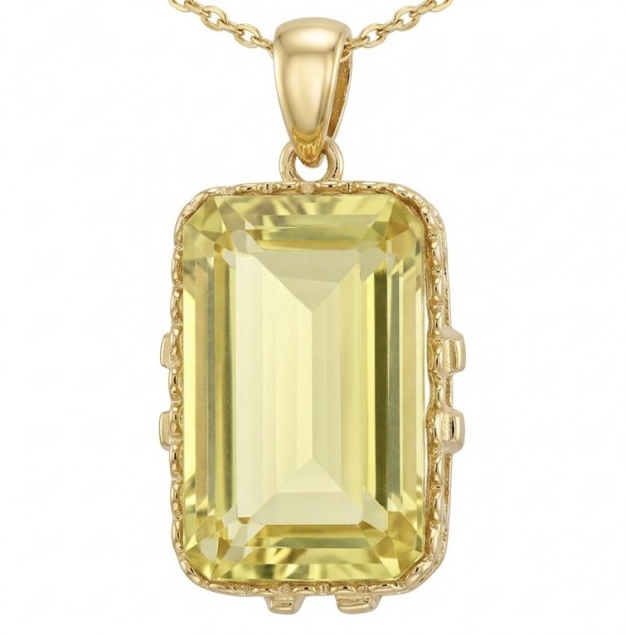 Emerald cut 10.3 carat Lemon Quartz 18K Gold over .925 Sterling Silver handcrafted pendant