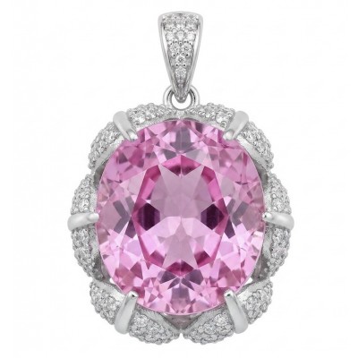 Oval cut 15.8 carat Bubblegum Pink Sapphire from Madagascar .925 Sterling Silver handcrafted pendant