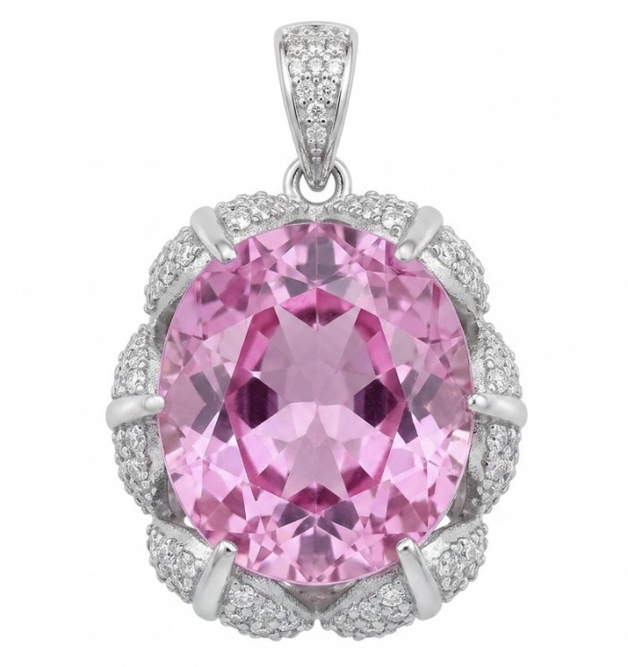 Oval cut 15.8 carat Bubblegum Pink Sapphire from Madagascar .925 Sterling Silver handcrafted pendant