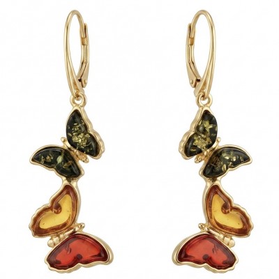 Two Butterflies carved Baltic Polish Amber 18k Gold over .925 Sterling Silver earrings