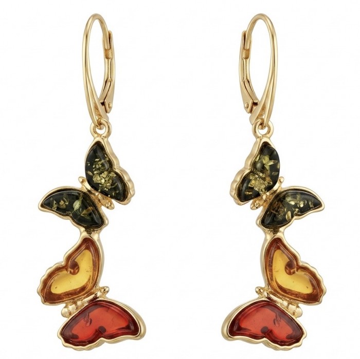 Two Butterflies carved Baltic Polish Amber 18k Gold over .925 Sterling Silver earrings