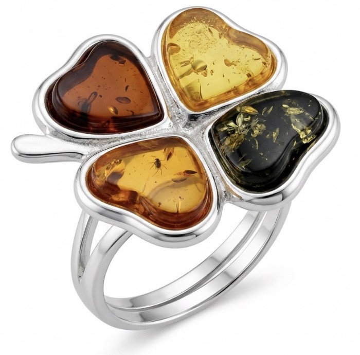 Golden Flower Authentic Baltic Amber rhodium over .925 Sterling Silver handcrafted ring; s. 7 adjustable