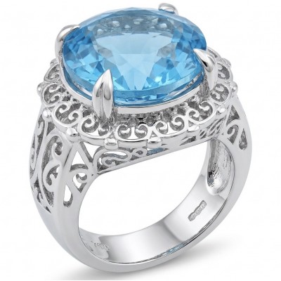 Poseidon 18.8 carat Swiss Blue Topaz .925 Sterling Silver dipped in rhodium handcrafted Large ring size 8