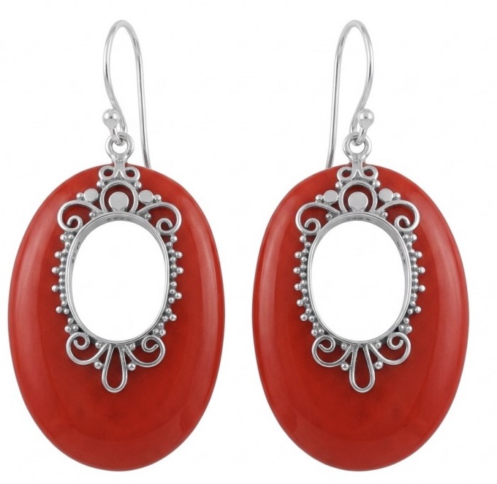 LARGE - Genuine Red Fossilized Coral .925 Sterling Silver handmade earrings