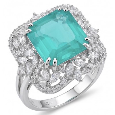 Elizabeth princess cut 14.8 carat Colombian Emerald 12.3 carat Moissanite .925 Sterling Silver dipped in Rhodium handcrafted Ring size 8
