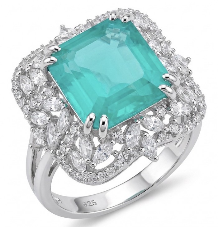 Elizabeth princess cut 14.8 carat Colombian Emerald 12.3 carat Moissanite .925 Sterling Silver dipped in Rhodium handcrafted Ring size 8