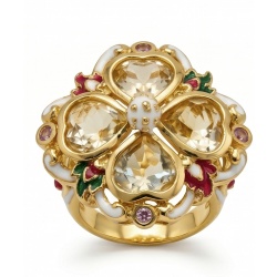 Yellow Clover 10.2 carat Brazilian Citrine Enamel .925 Sterling Silver dipped in real 22K Gold handcrafted HUGE ring; s. 7