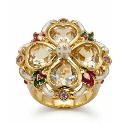 Yellow Clover 10.2 carat Brazilian Citrine Enamel .925 Sterling Silver dipped in real 22K Gold handcrafted HUGE ring; s. 7
