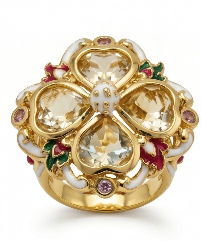 Yellow Clover 10.2 carat Brazilian Citrine Enamel .925 Sterling Silver dipped in real 22K Gold handcrafted HUGE ring; s. 7