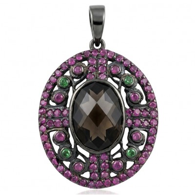 Authentic 9.5 carat carved Smoky Topaz black rhodium over .925 Sterling Silver handmade Statement Pendant