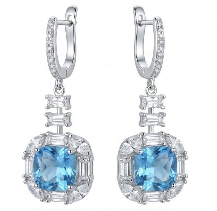 Atlantica 14.7 carat princess cut Swiss Blue Topaz rhodium over .925 Sterling Silver Handcrafted Statement earrings