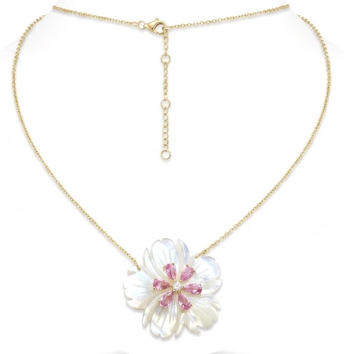 Precious White Flowers Blister Pearl 2.2 carat Kunzite 14K Gold over .925 Sterling Silver Necklace