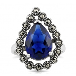 Julietta 12.8 carat London Blue Topaz Marcasite .925 Sterling Silver handmade Statement Ring size 7 1/4