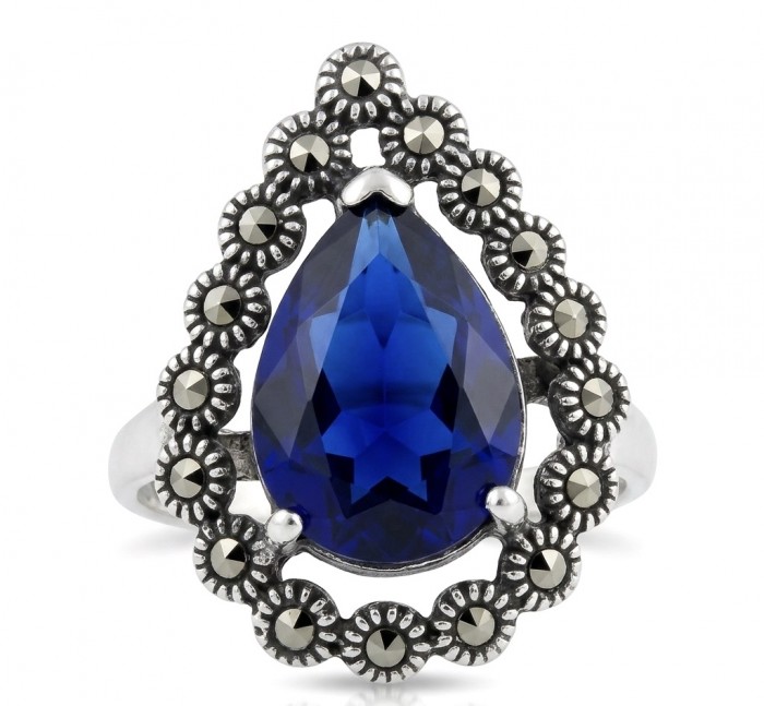 Julietta 12.8 carat London Blue Topaz Marcasite .925 Sterling Silver handmade Statement Ring size 7 1/4