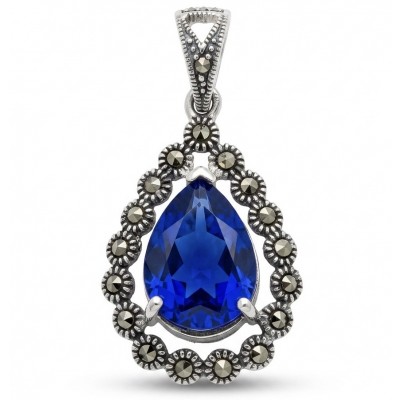 Julietta 14.5 carat London Blue Topaz Marcasite .925 Sterling Silver handmade Statement Pendant