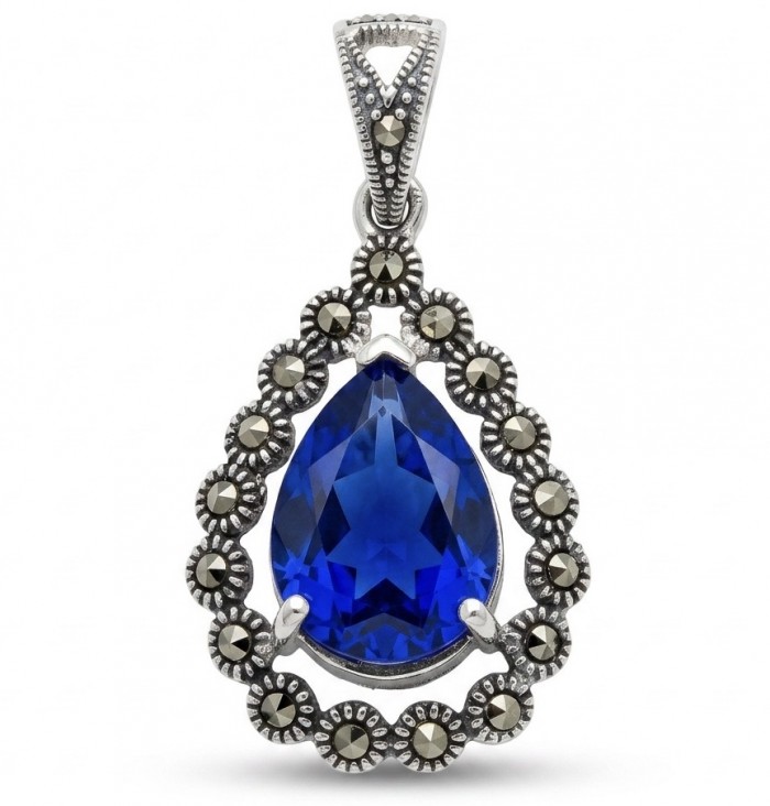 Julietta 14.5 carat London Blue Topaz Marcasite .925 Sterling Silver handmade Statement Pendant